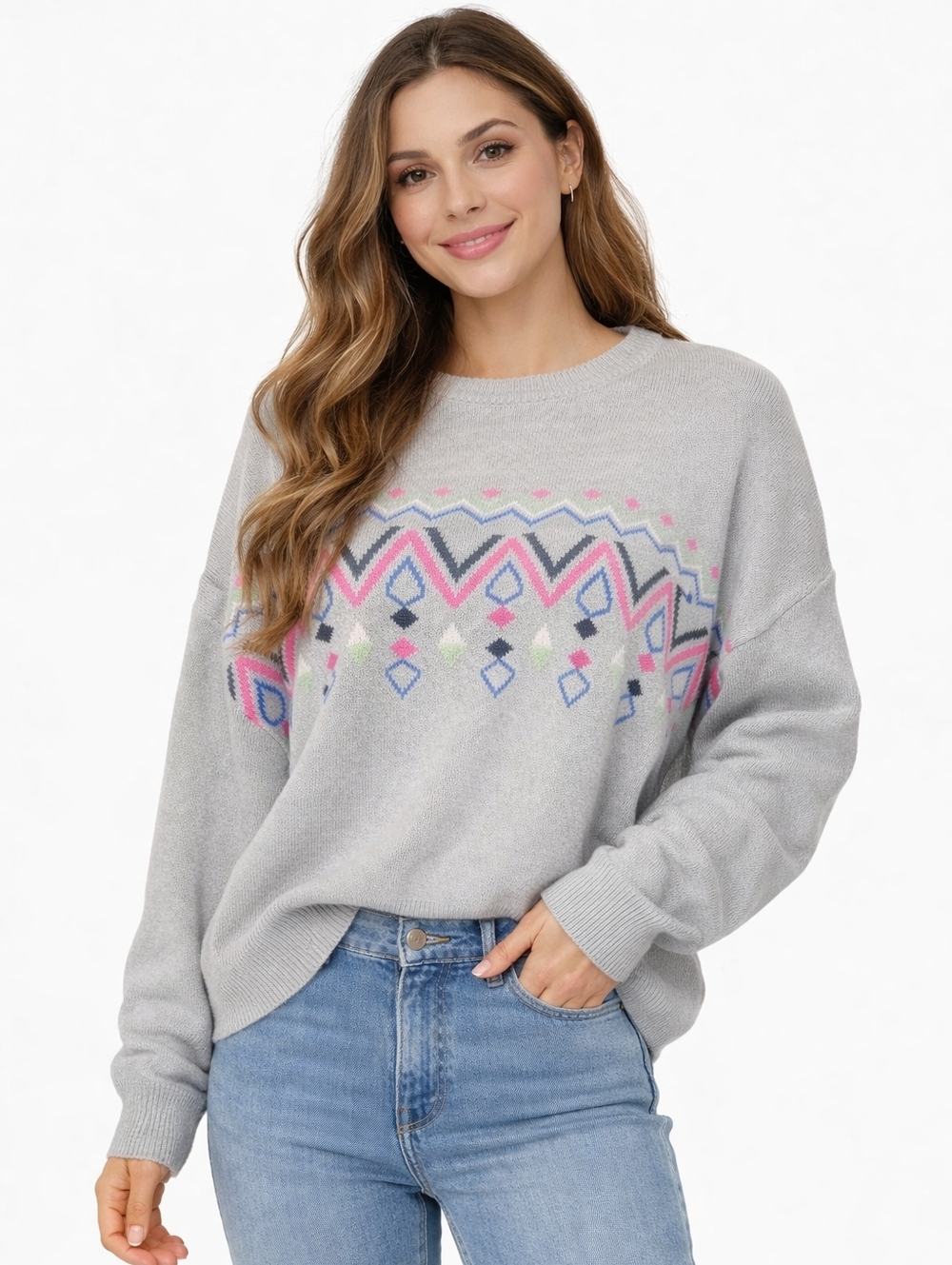 Thereabouts Grey Fairisle Longsleve Pullover Sweater, Women's Plus Size 3XL